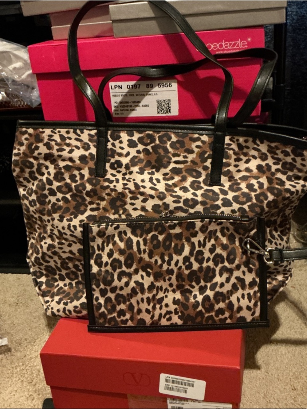 Leopard Print Tote Bag with Pouch - Brown/Black